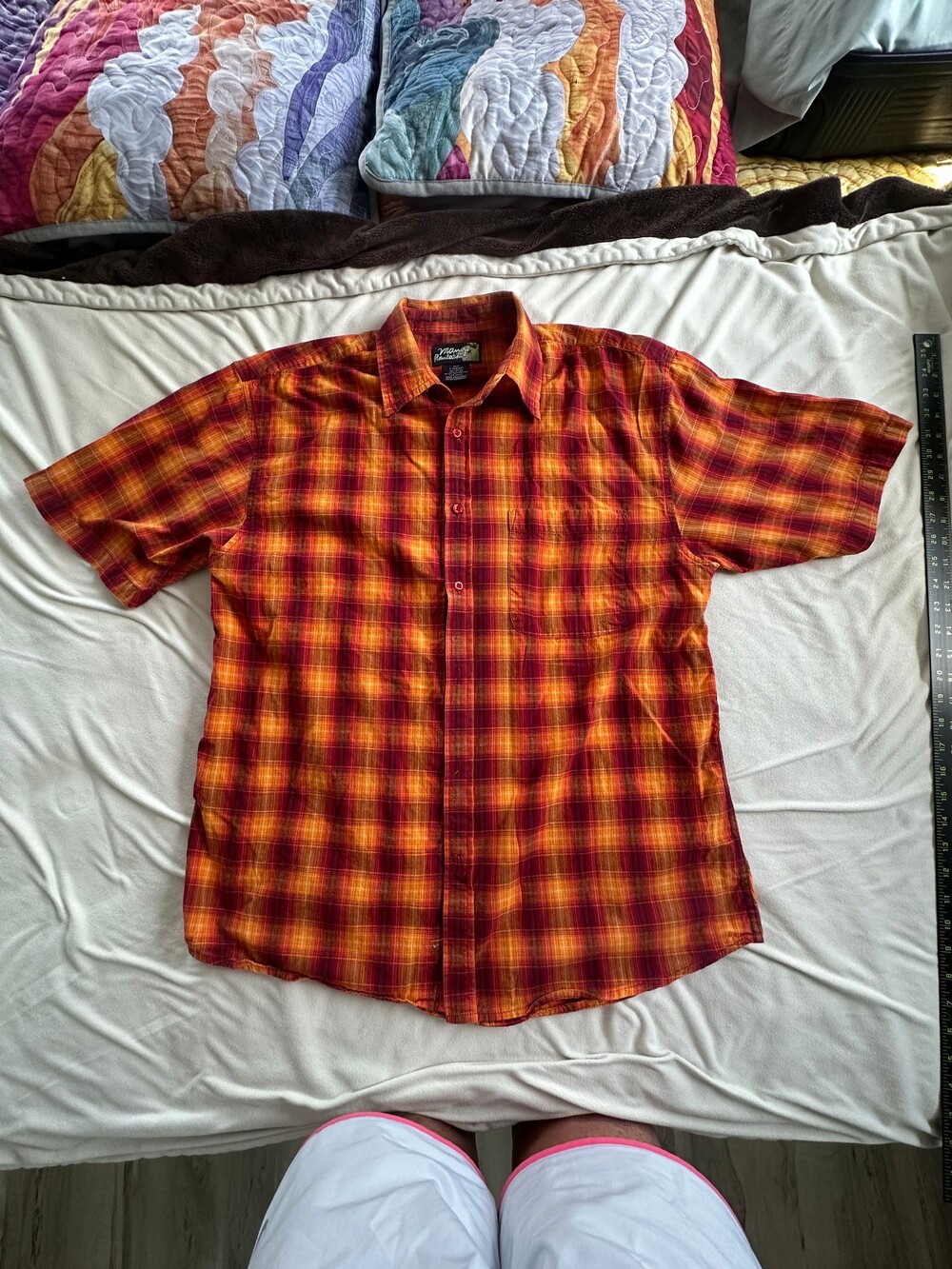 Mango Plantations Large Red Orange Cotton Short Sleeve Plaid Shirt